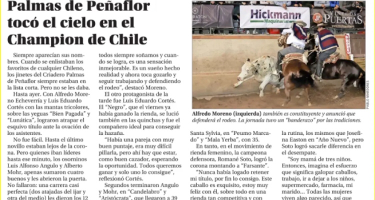 La prensa resaltó el título de Moreno y Cortés: Palmas de Peñaflor tocó el cielo en el Champion de Chile